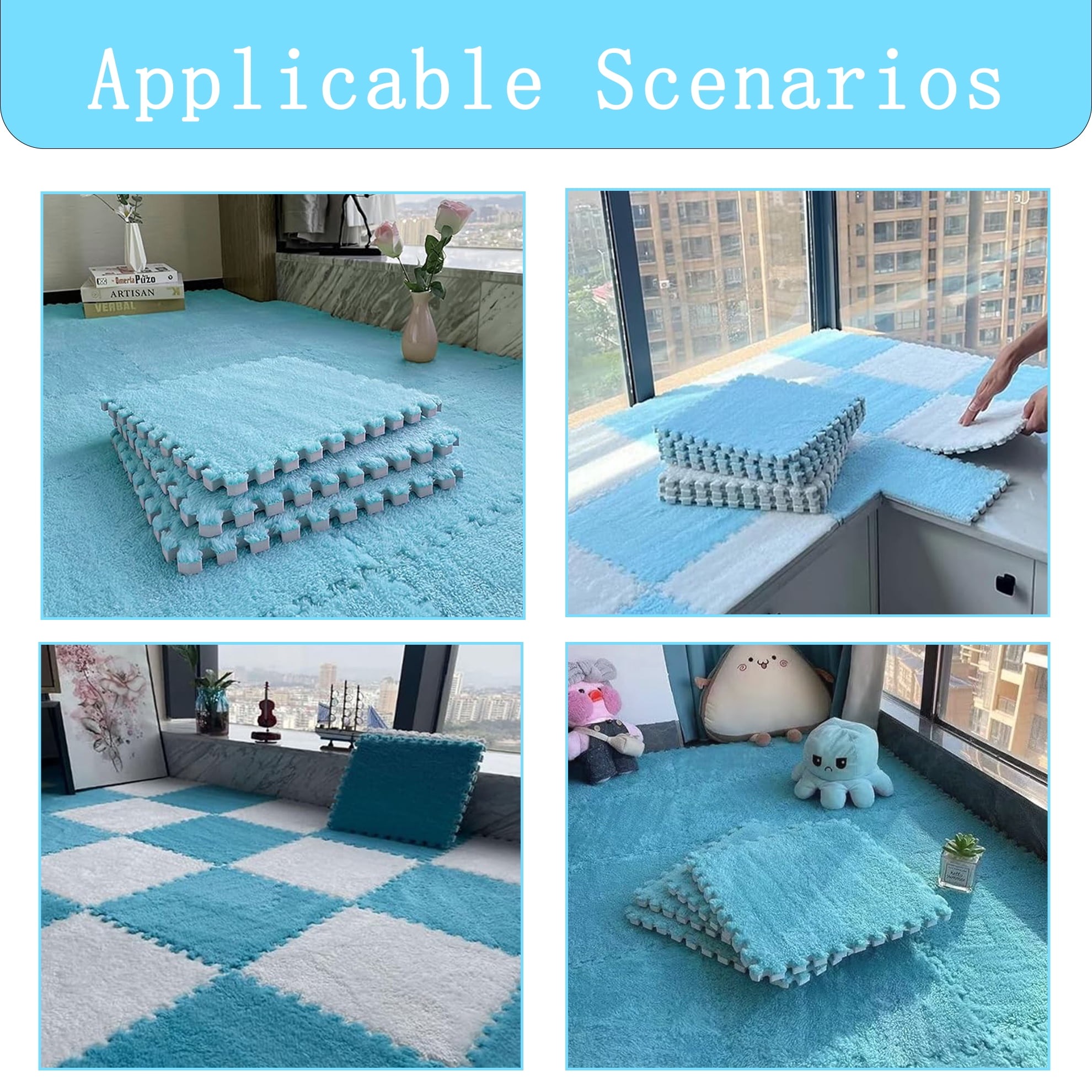 Interlocking Carpet Shaggy Soft EVA Foam Mats Fluffy Square Thickened Plush Tiles Protective Floor Tiles Exercise Play Mat for Children Kids Room Home Parlor Bedroom (Sky Blue, 12 Pcs)