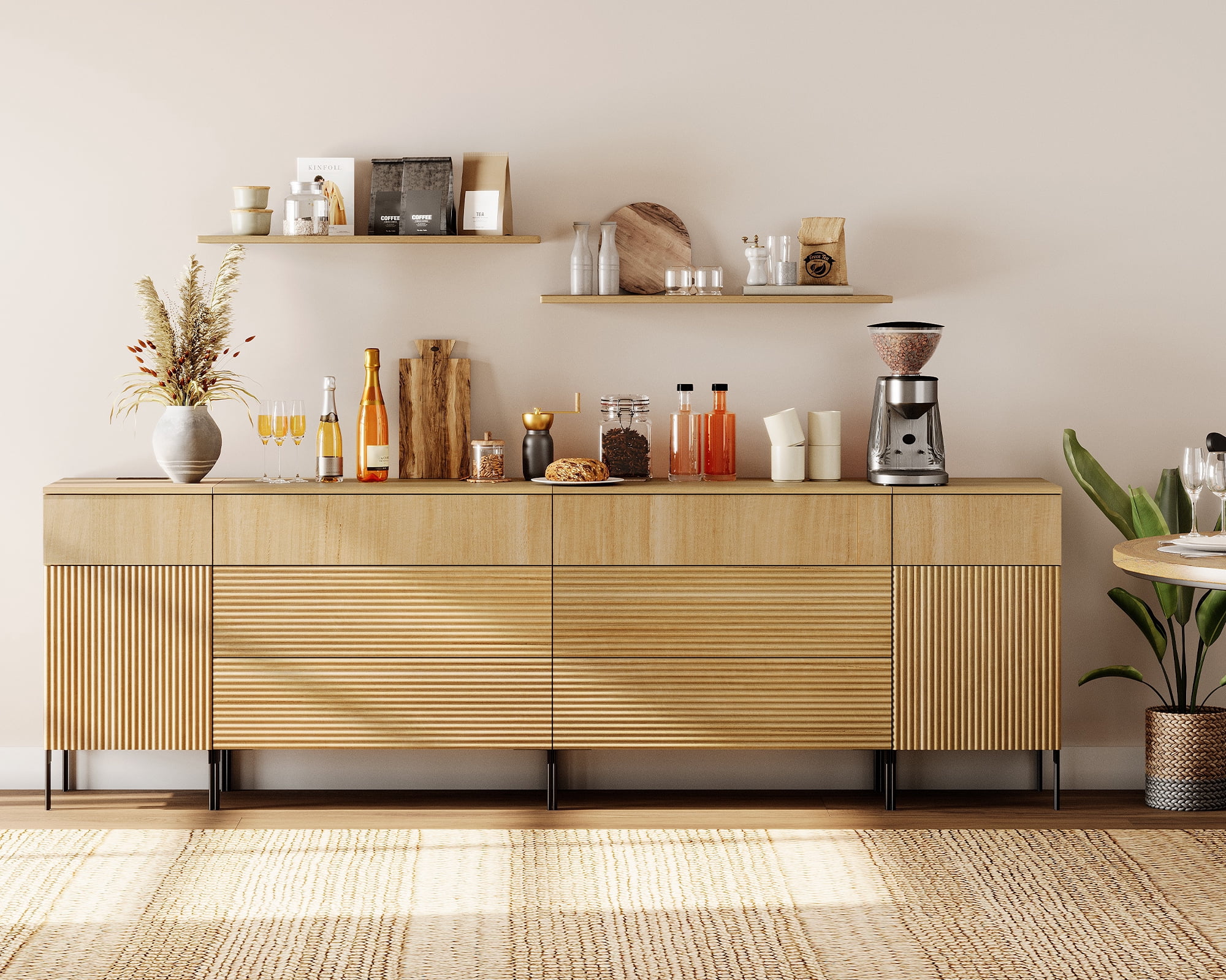 94.5" Wooden Reeded Sideboard with Built-in Charging Station, 4-In-1 Modern Credenza Storage Cabinet for Kitchen, Dining Room
