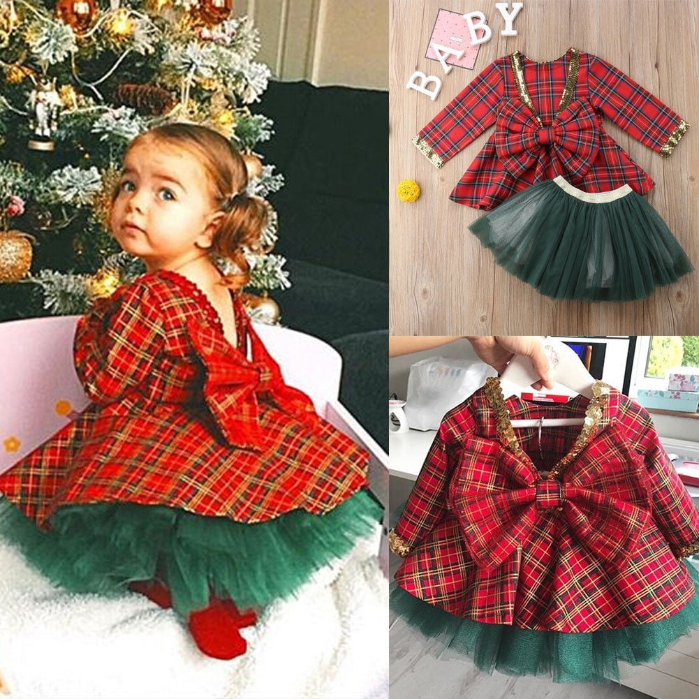 Toddler Baby Girls Christmas Dress Bowknot Plaid Party Pageant Princess Tutu Dresses Baby Girl Clothes