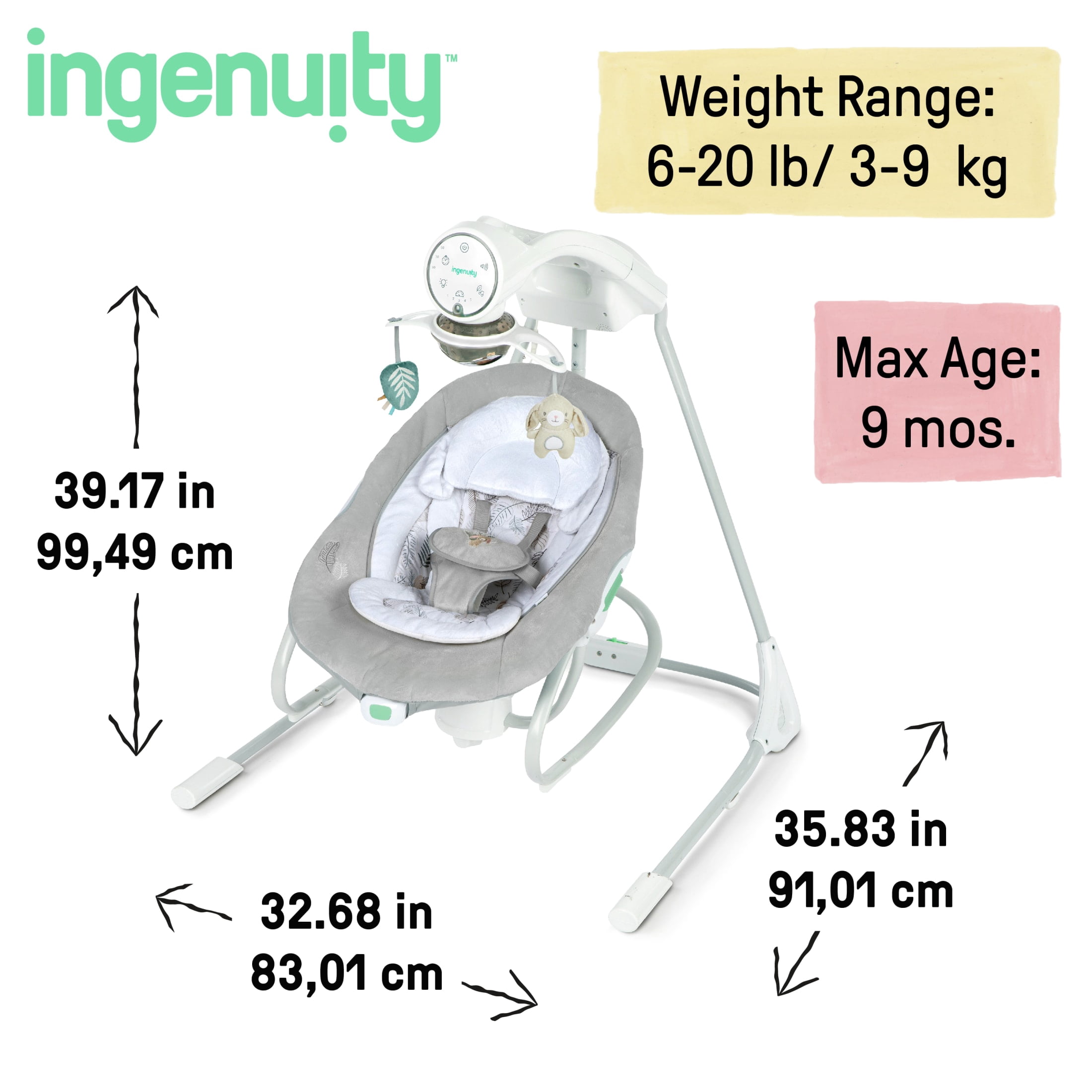 InLighten Soothing Swing & Rocker, Vibrating Swivel Infant Seat, Soothing Sounds, USB-Powered, Gray
