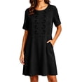 thumbnail image 2 of Ayolanni Short Sleeve Dresses for Women Henley Solid Button Midi A-Line Dress Embroidered Flowy Vacation Linen Casual Sundress with Pockets Black M, 2 of 6