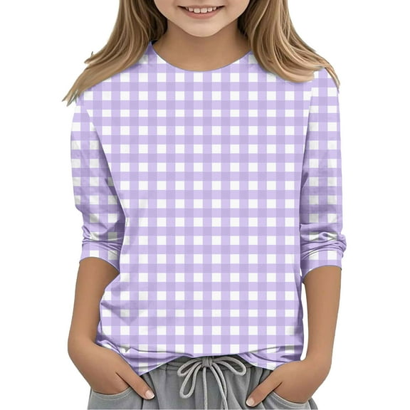 CLOISE Shirt Girls 3/4 Sleeve Boys Toddler Purple Crew Neck Tops Plaid Outfits Fall Winter Clothes 3-12T