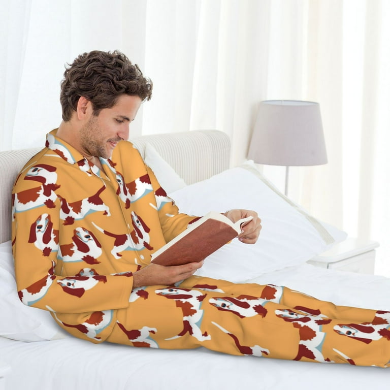 Mens Pajamas Set, Dachshund Dog Puppy Orange Button-Down Pajamas - Main Image