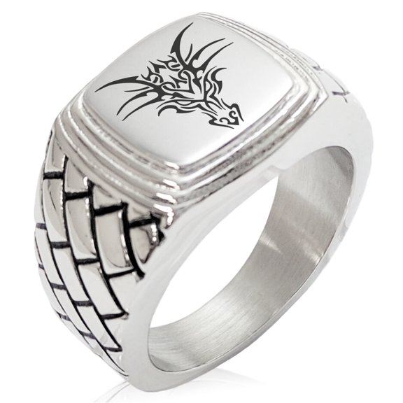 Tioneer Stainless Steel Oriental Dark Dragon Geometric Pattern Step-Down Biker Style Polished Ring