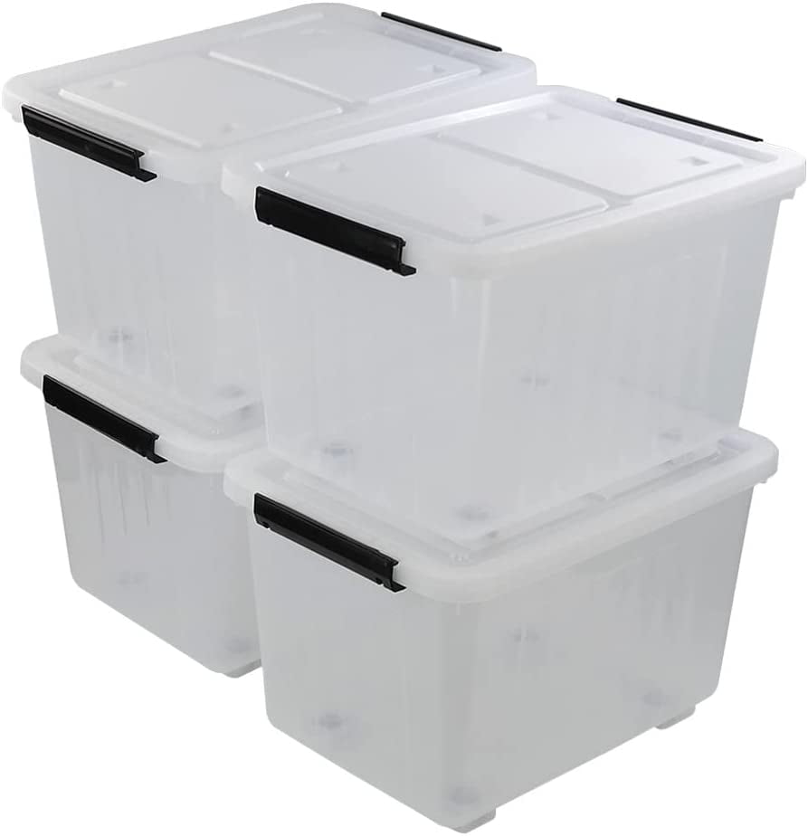 4 Packs 30 Quart Clear Storage Boxes with Wheels, Plastic Latching Bins