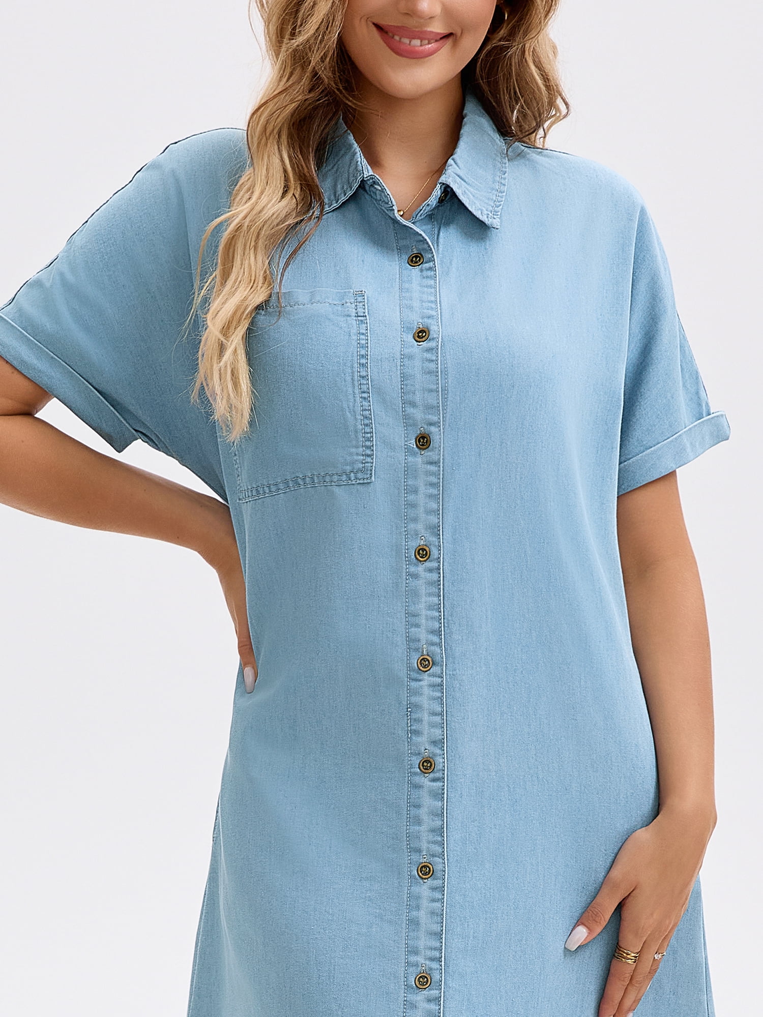 DARING DIVA Midi Denim Short Sleeve Button Down Tunic Jean Dress 2XL Light Blue