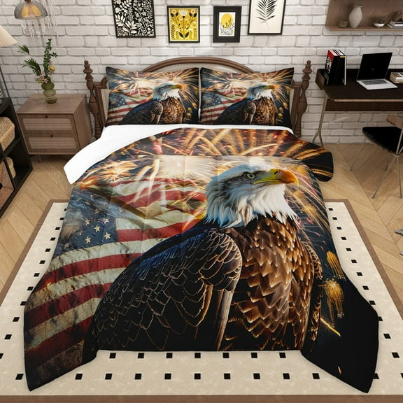 Manfei Animal Eagle 2pcs Bedding Comforter Set for Teens Female Men,USA Flag Twin Comforter Sets,Independence Day Firework Breathable Bedding Set,Breathable Home Decor