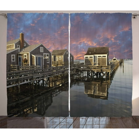 United States Curtains 2 Panels Set, Sunset over Nantucket Massachusetts Dramatic Sky Clouds Pond Houses, Window Drapes for Living Room Bedroom, 108W X 108L Inches, Coral Blue Sepia, by