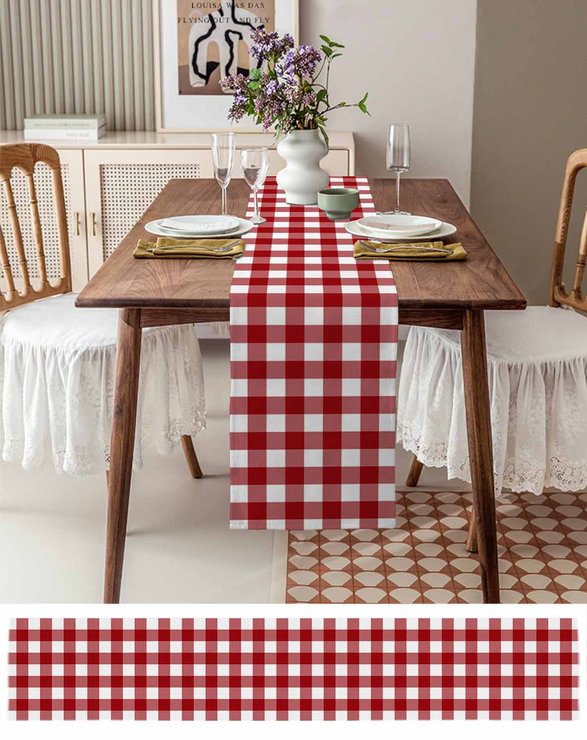 Farmhouse Buffalo Plaid Table Runner Red White Checkered Tablerunners 14 x 72 Inch, Table Decorations Tabletop Scarf for Summer Gathering Holiday Farmhouse Kitchen Dining Decor
