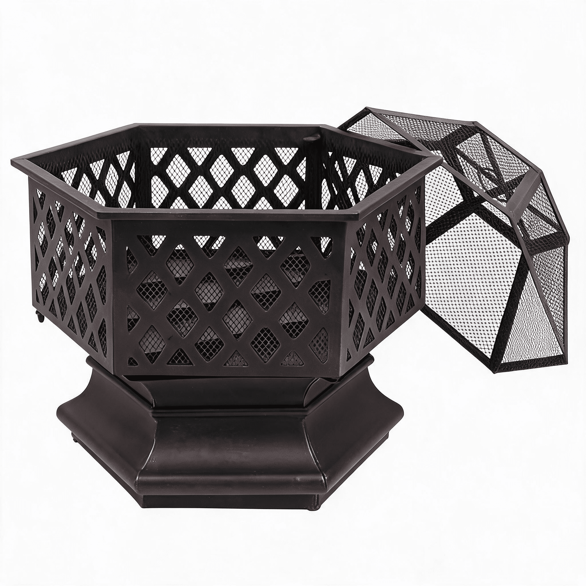 22" Hexagonal Shaped Iron Brazier Wood Burning Fire Pit Decoration for Backyard Poolside
