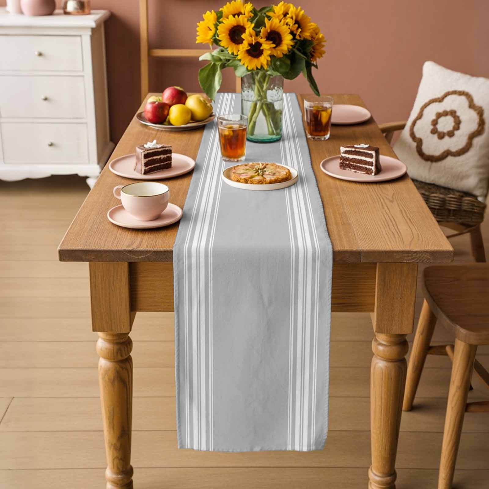 Grey Striped Table Runner, Luxurious White Stripes Modern Abstract Art Washable Cotton Linen Table Runners 90 Inches Long, Dresser Scarf Runner for Dining/Coffee/Kitchen/Hallway Tables 13''x90''