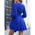 thumbnail image 3 of Women'S Short Dress Long Sleeve Deep V-Neck Waist Tie Ruffle Mini Swing - Dresses Blue XL, 3 of 6