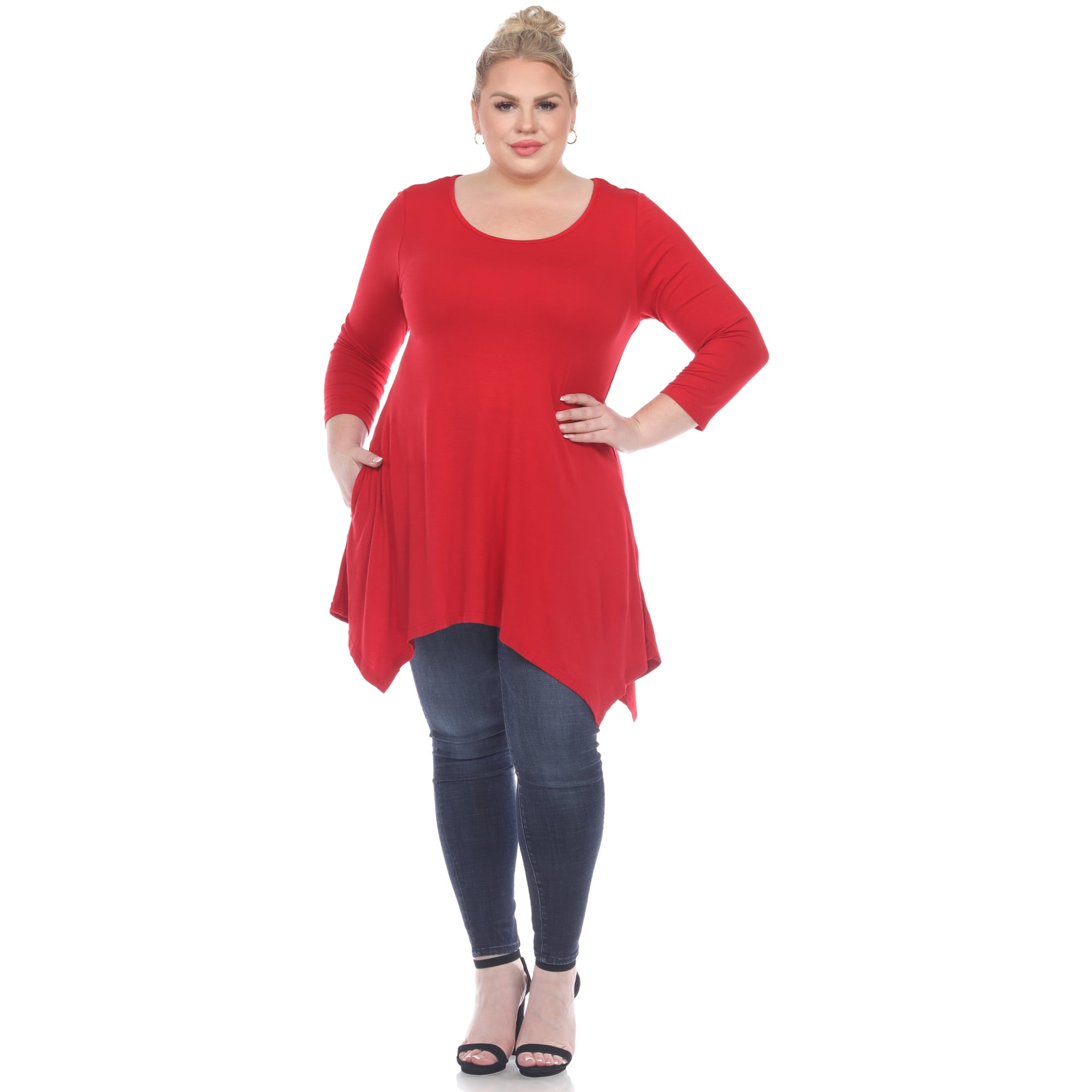 White Mark Women's Plus Size Quarter Sleeve Solid Sharkbite Tunic Top