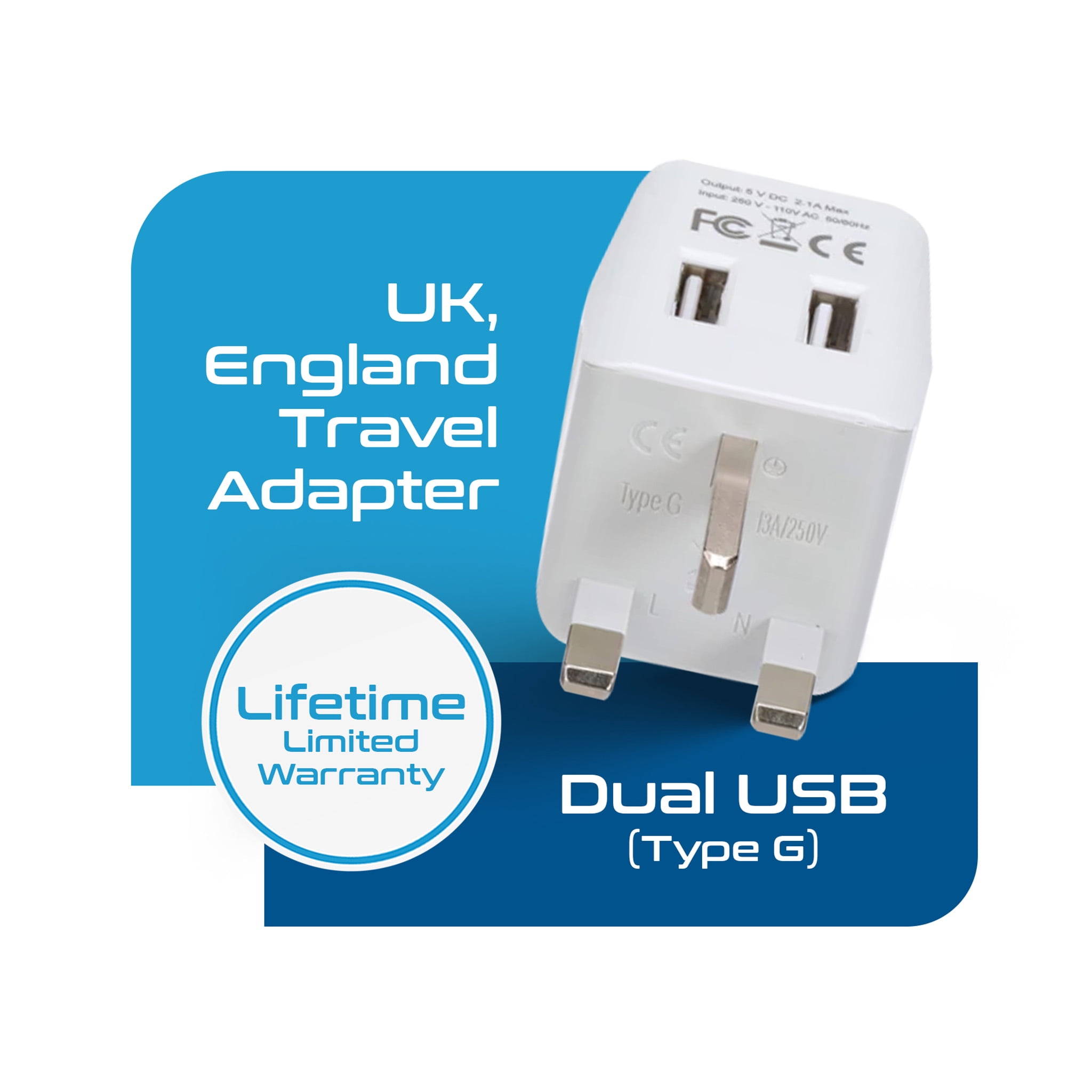 Ceptics CTU-7 UK, Dubai, Ireland Travel Adapter Plug - Type G - Dual USB Devices