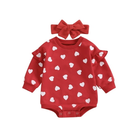 

Baby Girl Valentine s Day Outfits Ruffle Long Sleeve Heart Print Romper with Headband Infant Oneise