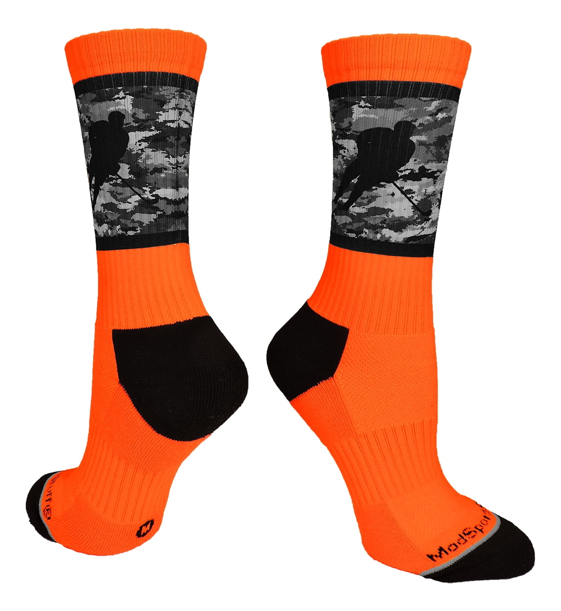 MadSportsStuff Hockey Player Crew Socks (Neon Orange/Black Camo