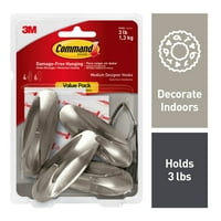 Command Medium Designer Hooks, Brushed Nickel, 4 Hooks, 6 Strips (Holds 3 lb)