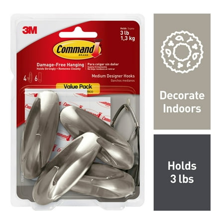 - Command Medium Designer Hooks, Brushed Nickel, 4 Hooks, 6 Strips (Holds 3 lb)