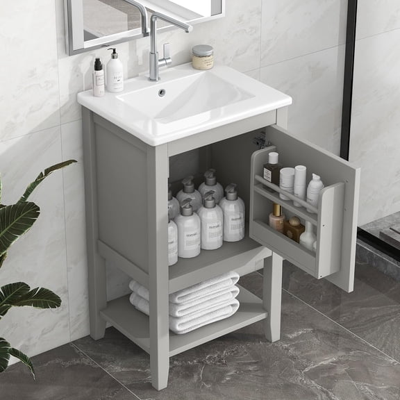 20" Small Bathroom Vanity with Sink, Modern Bathroom Cabinet with Storage Door & Open Shelf, Free Standing Bathroom Vanities with Ceramic Sink, Grey