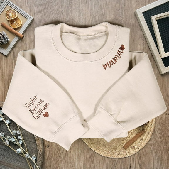Custom Mama Embroidered Sweatshirt with Kids Names On Sleeve Unique Gifts for Mom Grandma Mother's Day