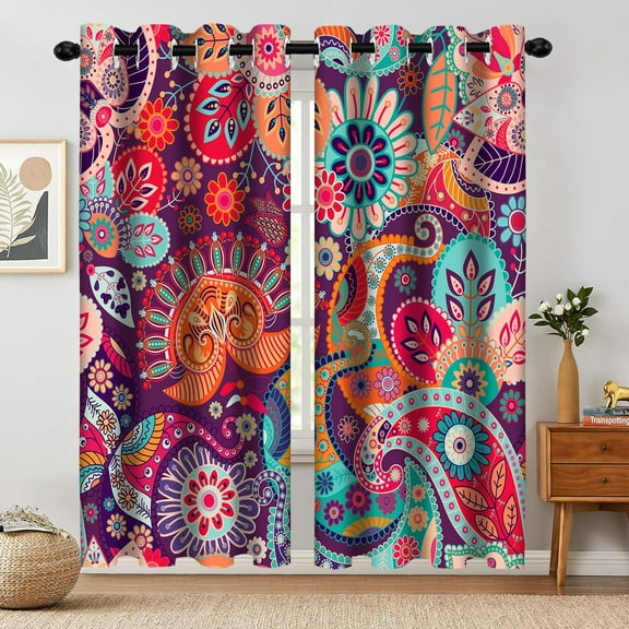 Boho Floral Blackout Window Curtains, Colorful Mandala Flower Aesthetic Art Living Room Bedroom Decor Insulated Thermal Curtain Darkening Grommet Window DrapesTreatments, 2 Panels 52x84 Inch