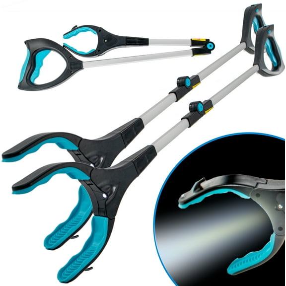 2pc Reaching Grabber Pick Up Tool With LED Light - 32 inch - Light Weight Aluminum Design - Reaching Aid - Articulating Rubber Head - Rubber Grip - Reaching Aid Pick Up Tool