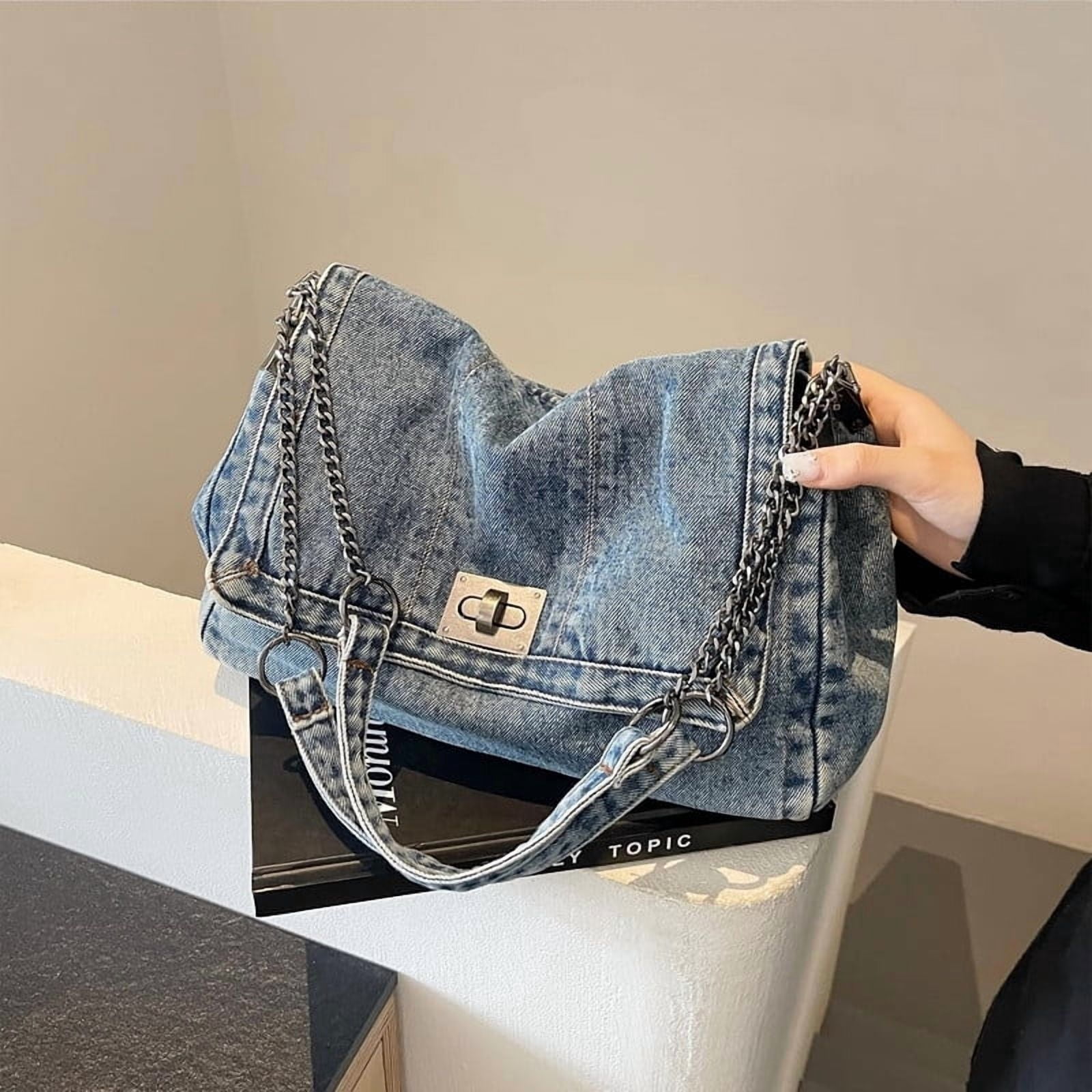 2026 Women's Casual Retro Denim Tote Bag, Lightweight Quilted Crossbody Purse with Chain Strap