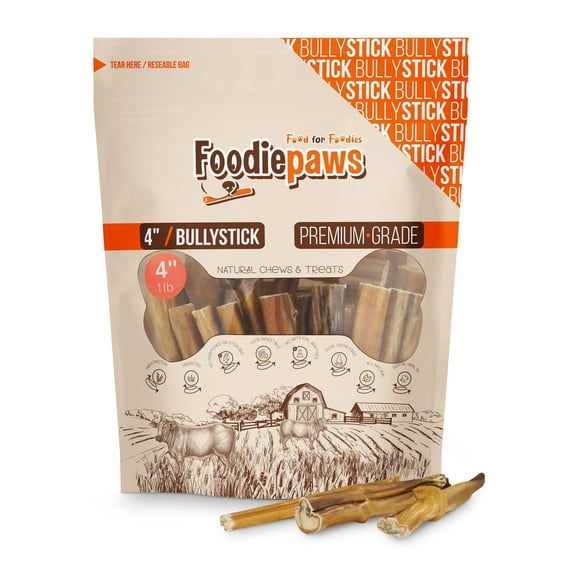 Foodiepaws All Natural 4-inch Bully Sticks Odor free USA Packed for Small, Medium Dogs-100% Free-Range Grass-Fed Beef–Single Ingredient Grain & Rawhide Free-Longer Lasting Dental Dog Chews (1lb)