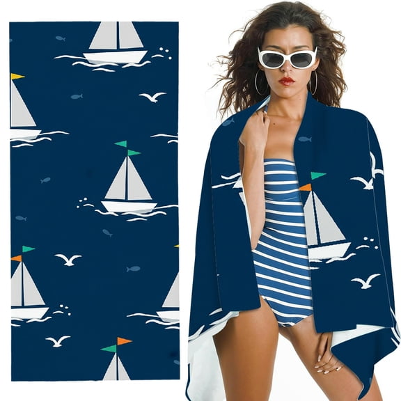 RKSupls Oversized Microfiber Beach Towel - Minimalist Sailing Day Print, Suitable for Bathroom, beach, Soft Super Absorbent- 30x60 in