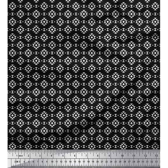 Soimoi Black Cotton Voile Fabric Geometric Ikat Print Fabric by the Yard 42 Inch Wide