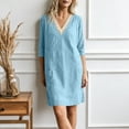 thumbnail image 4 of LNWUY Women's Fashion Lace 3/4 Sleeve Cotton Linen Dress Summer Casual Solid Color V-Neck Shift Dress Knee Length Dresses Blue L, 4 of 8