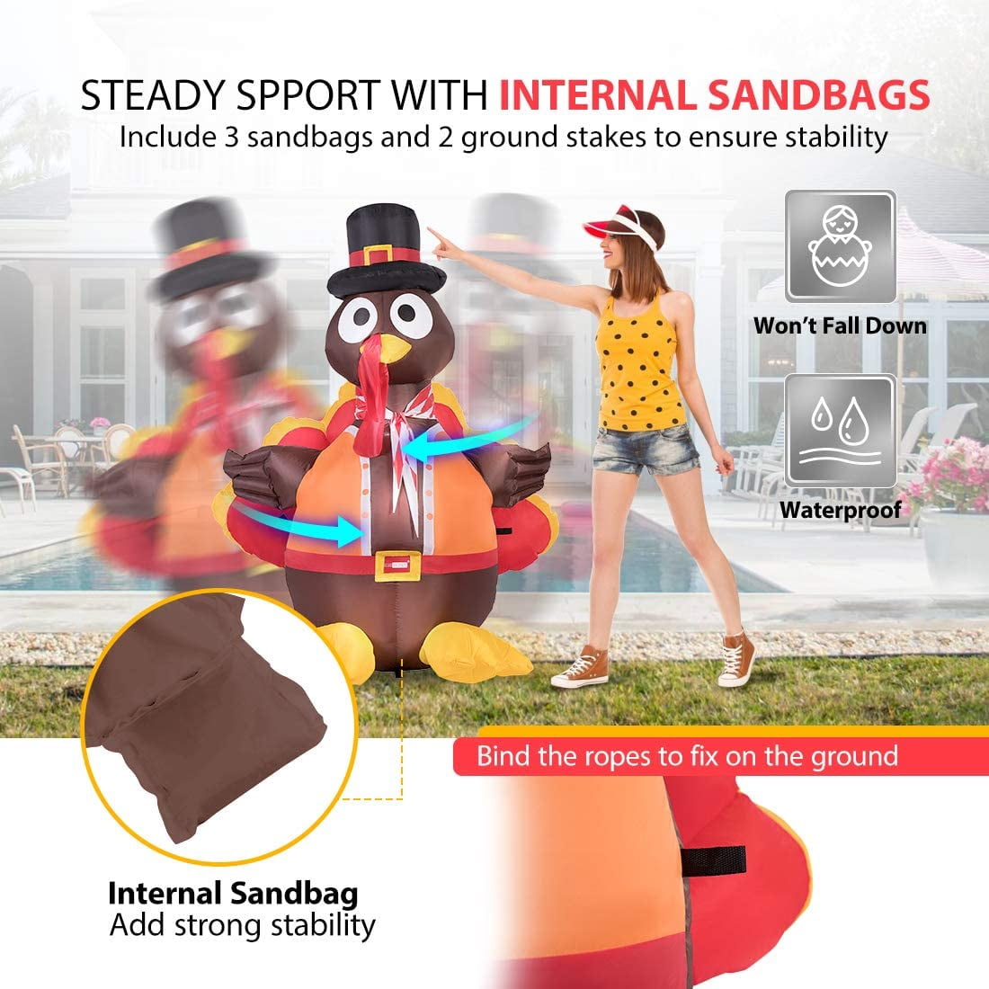 SPECSTAR5ft Height Thanksgiving Inflatable Lighted Turkey with Hat Blow up Outdoor Lawn Yard Decoration