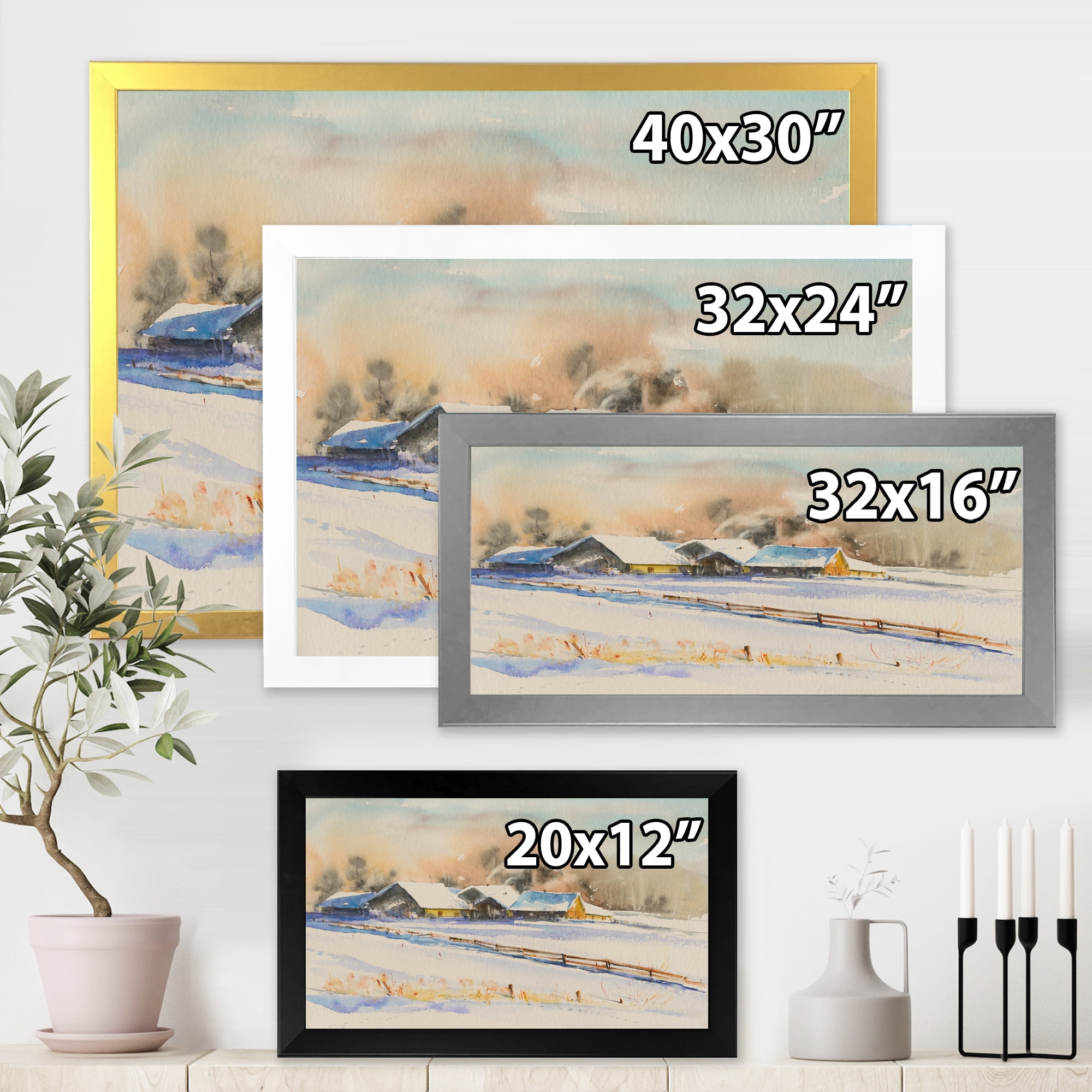 Designart 'Small VIllage At Evening Covered With Snow' Traditional Framed Art Print