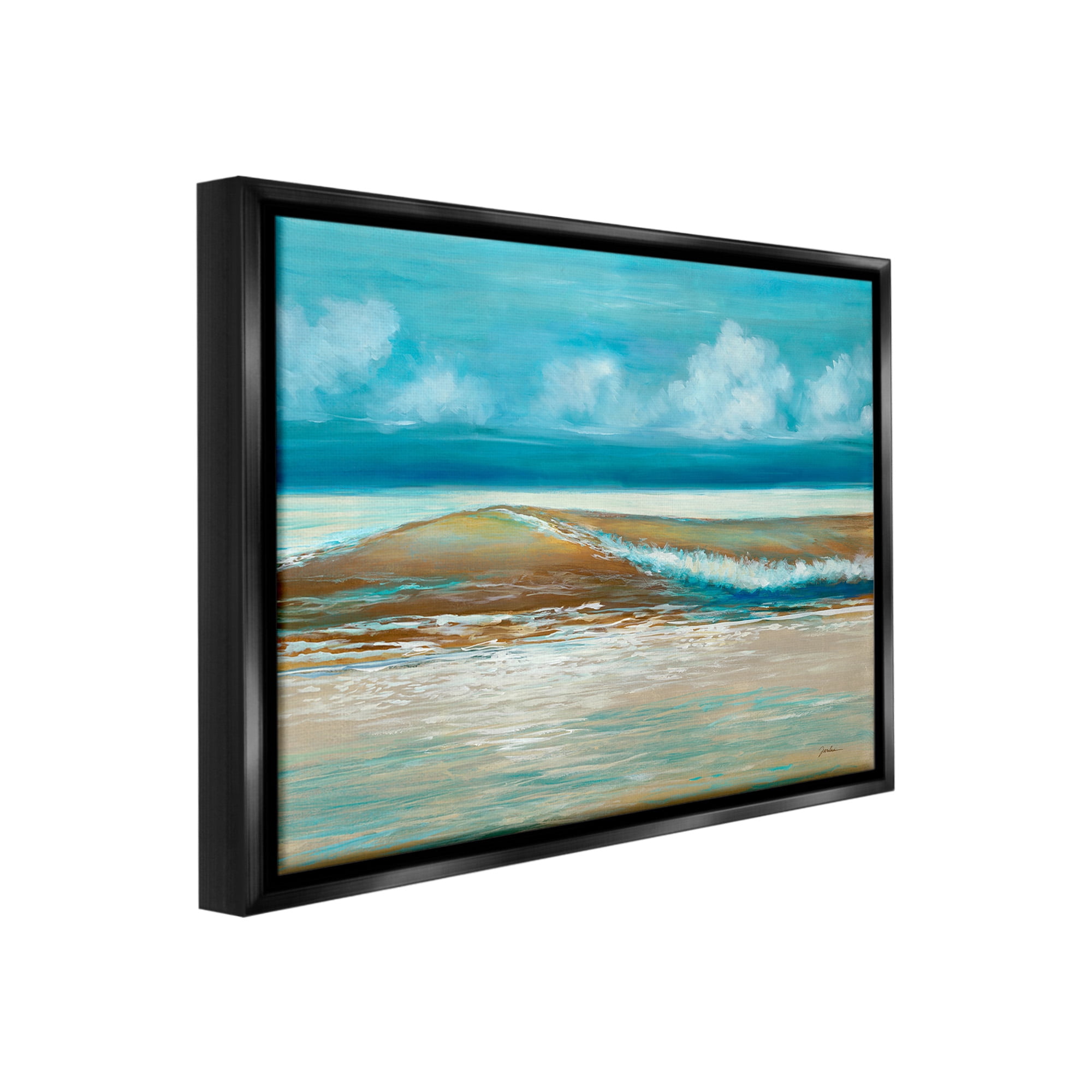 Stupell Industries Modern Rolling Sea Waves Landscape Painting Black Floater Framed Canvas Art Print Wall Art, 21 x 17