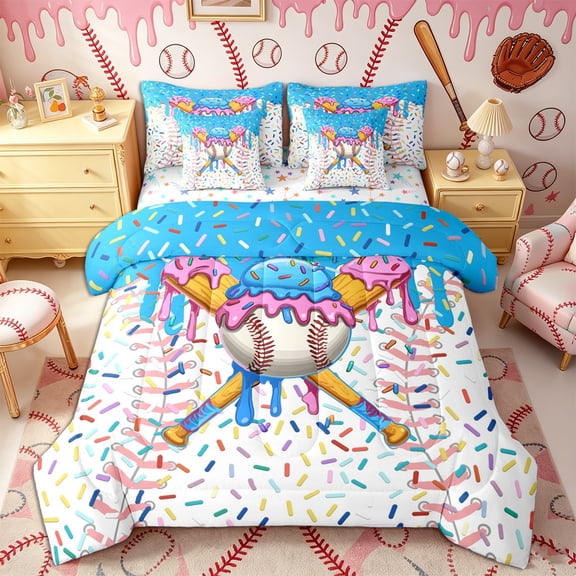 Castle Fairy Sport Baseball Print Twin Bedding 7-Piece, Pink Ice Cream Drip Bedding Comforter Set, Light Blue Pink White