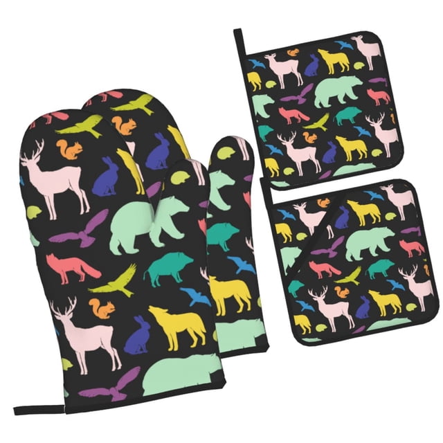 LAKIMCT Silhouettes Animals Pattern Oven Mitts and Pot Holders Sets Non-Slip Potholders Heat Resistant Oven Gloves for Kitchen Baking Cooking BBQ, 4-Piece Set