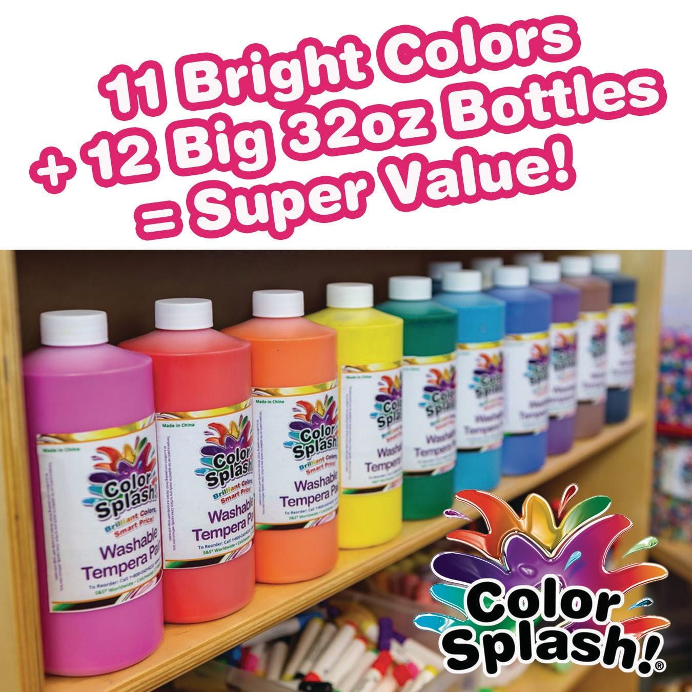 S&S Worldwide Color Splash! Liquid Tempera Bulk Paint, Set of 12 in 11 Bright Colors, 32-oz Easy-Pour Bottles, Great for Arts & Crafts, School, Classroom, Poster Paint, For Kids & Adults, Non-Toxic.