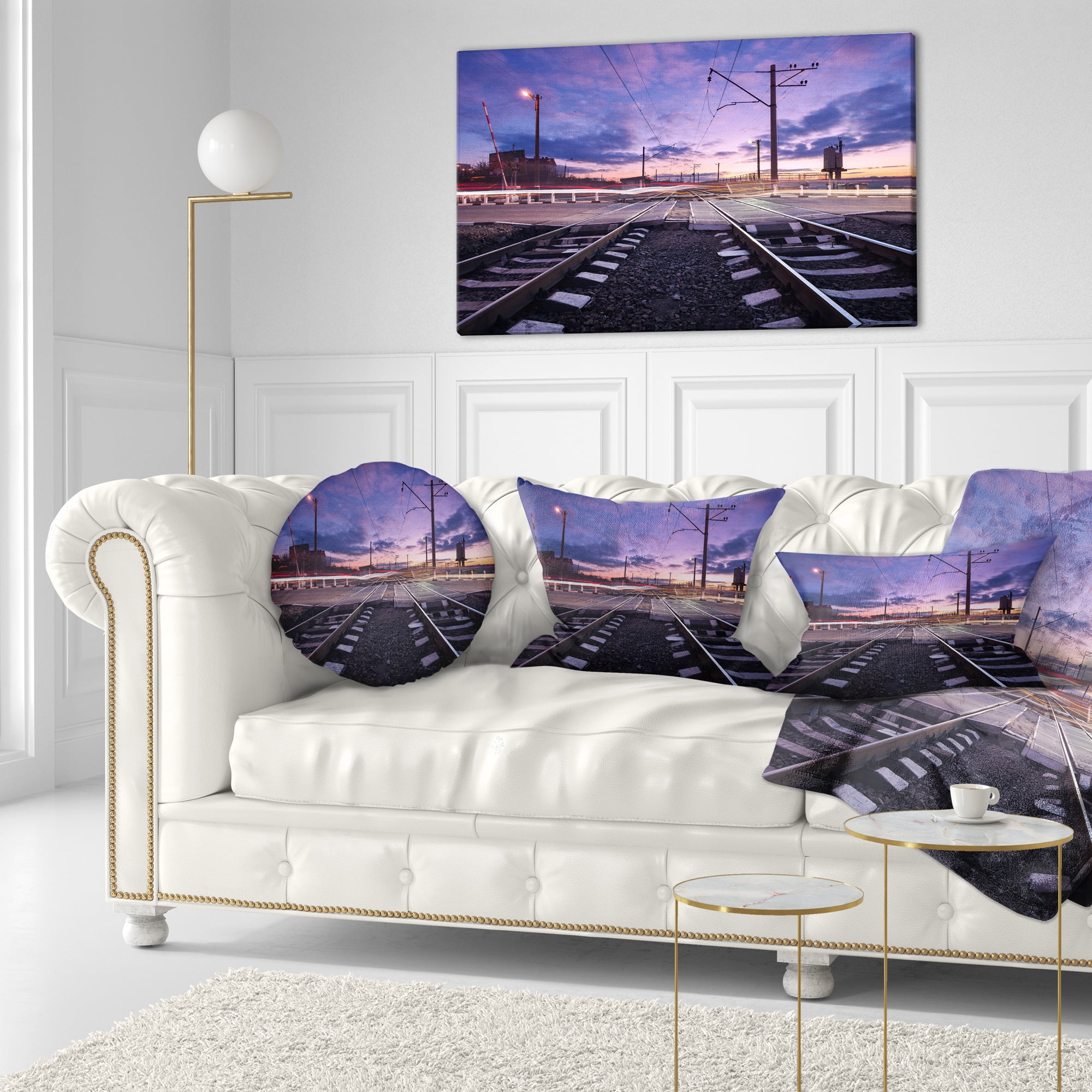 Designart Rail Crossing with Blurred Car Lights - Cityscape Photo Throw Pillow - 12x20