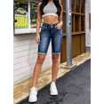 thumbnail image 4 of Women's High Waisted Stretch Denim Bermuda Shorts, Dark Blue Wash, with Rolled Cuffed Hem and 2-Button Closure, Slim Fit Summer Jeans, 4 of 7