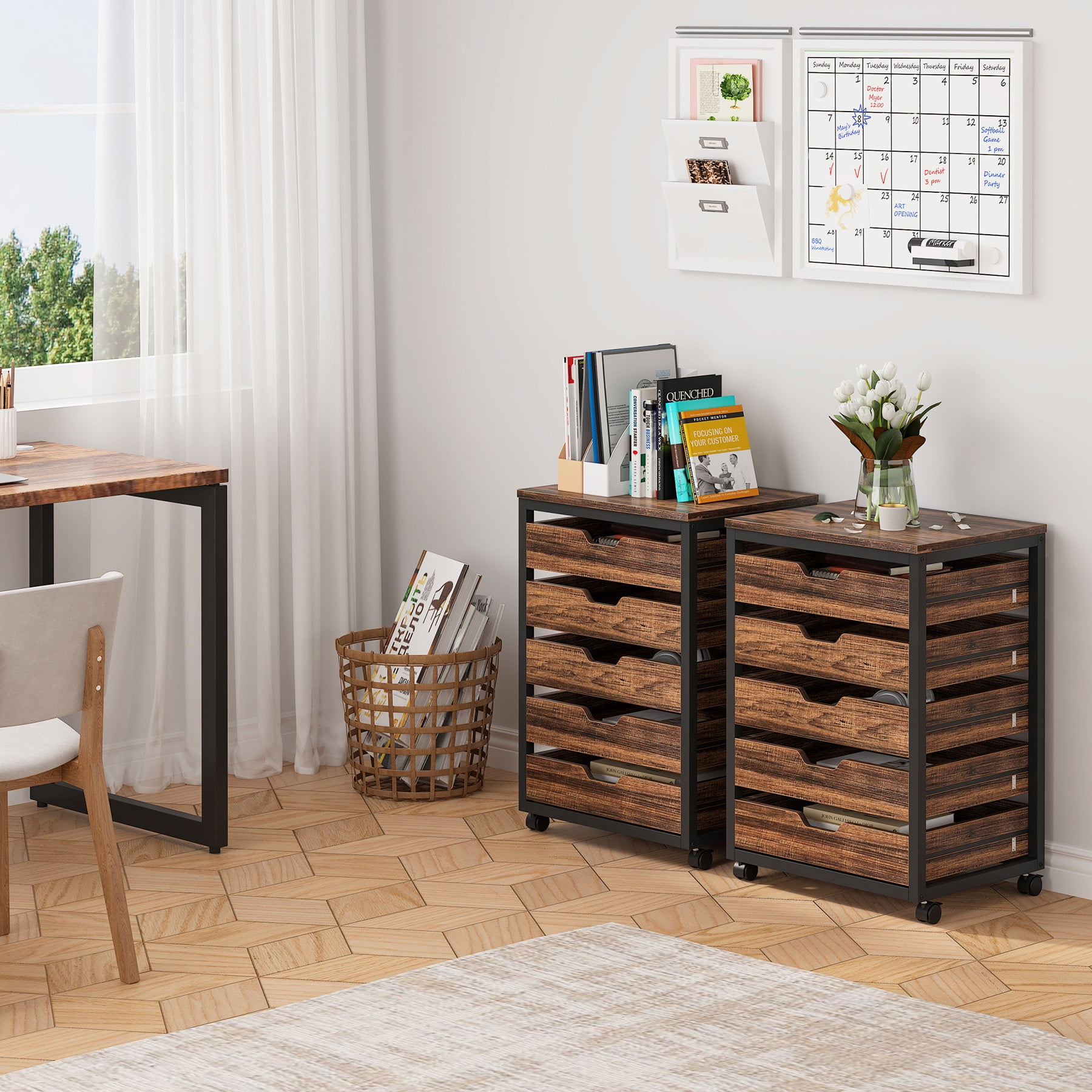 Tribesigns 5 Drawer Chest, Wood Storage Dresser Cabinet with Wheels, Industrial Storage Drawer Organizer Cart for Office Bedroom Entryway, Rustic Brown