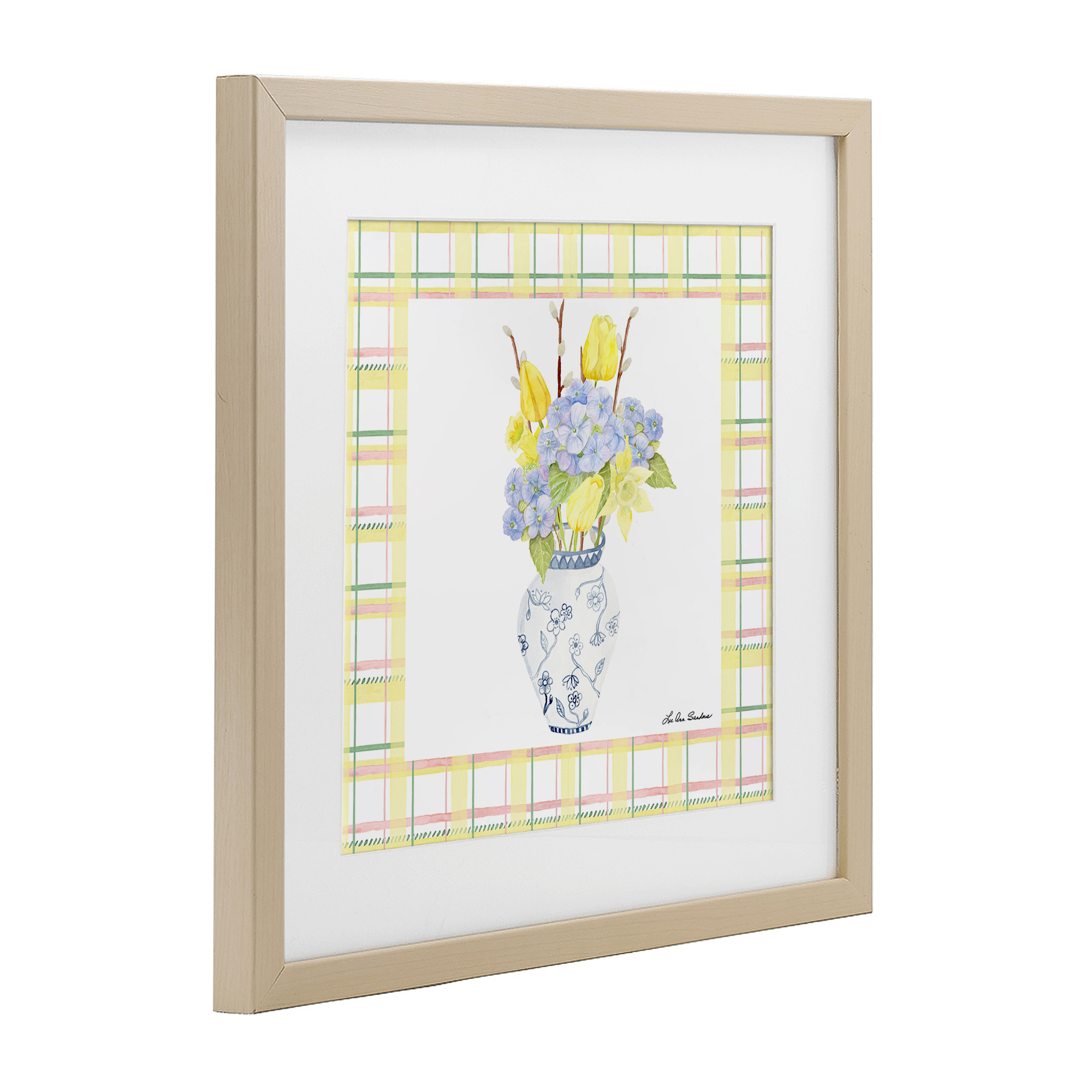 Spring Vase on Yellow Plaid Birch Framed Print Under Glass, design by Lee Ann Sanders