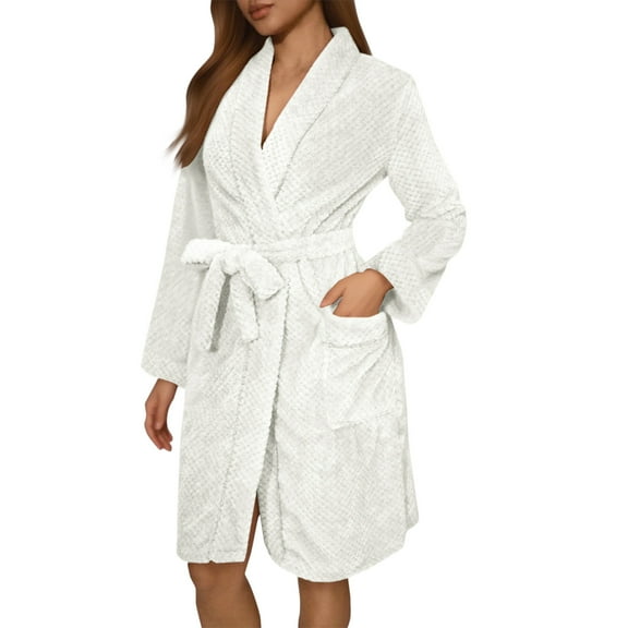 Htigea Towel Robe for Women Fleece Short Bathrobe Soft Plush Warm Shower Wrap Robes Ladies Nightgown with Pockets White,S