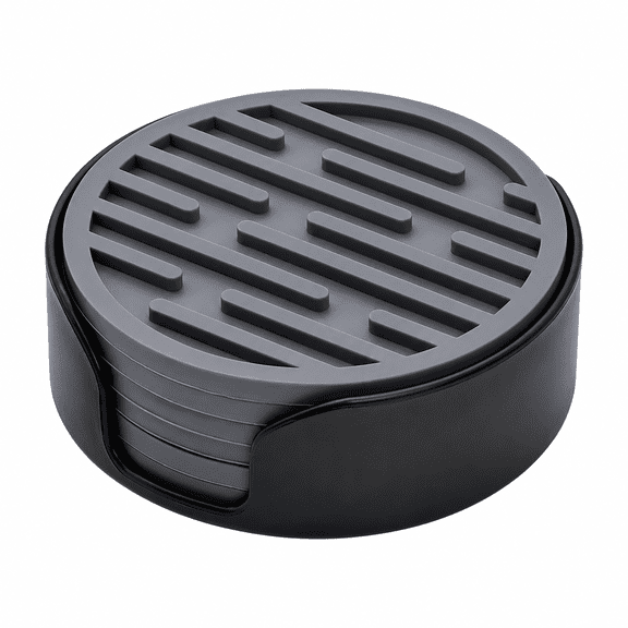 Set of 6 Gray Silicone Coasters with Storage Holder, Non-Slip Heat Resistant Drink Coasters, Waterproof Anti-Scratch Cup Mats for Hot Cold Drinks, Tabletop Protection for Home Bar Office