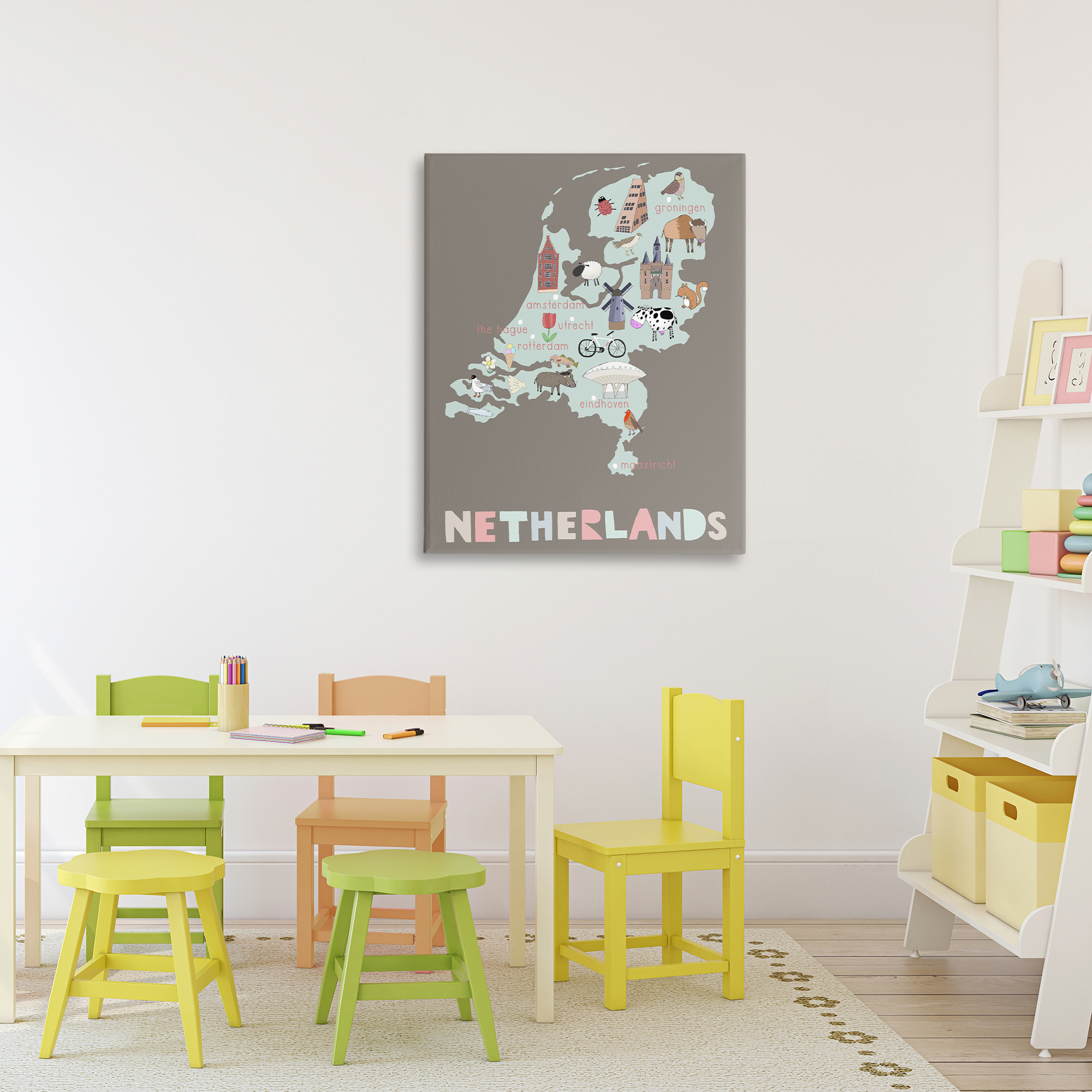 Kid's Map of Netherlands Canvas Wall Art, design by Carla Daly