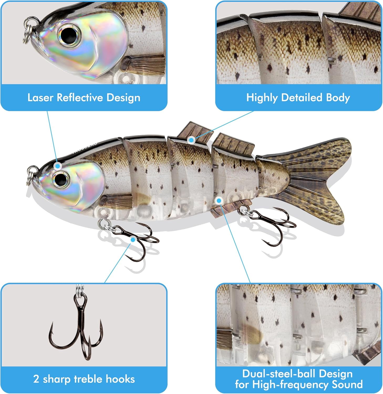 TRUSCEND Easy Catch SwimMax with BKK Hooks, Magic Noisy Wiggling and Vibrating Actions for More Bites, Lifelike Fishing Lures for Bass Trout Walleye Crappie, Strongest Dyneema Fiber Jointed Swimbait