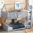 thumbnail image 3 of Lisonu Twin Over Twin House Bunk Bed, Grey Solid Rubberwood Floor Bunk Bed Frame with Roof, Ladder, and Safety Guardrails, Space-Saving Bedroom Furniture, 3 of 25