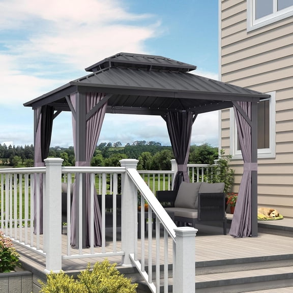 PURPLE LEAF 8' X 10' Gazebo Hardtop Gazebo Aluminum Gazebo with Dual-Layer Galvanized Steel Double Roof for Patio Lawn Garden Permanent Gazebo with Netting and Curtains Grey