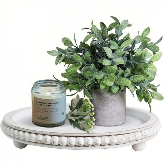 REZJSWFSMMJ 12in Round Tray For Home Decor- White Wood Beaded Tray- Decorative Round Tray For Living Room Decor Coffee Table Decor