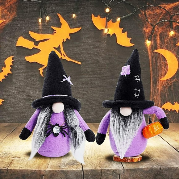 2 Pack Halloween Gnomes Decor Ornament, Pumpkin Witch Wizard Spider Hat Plush Faceless Doll Tomte Scandinavian Kitchen Tiered Tray Farmhouse Table Decoration, Boo Trick Treat Party Prop - -