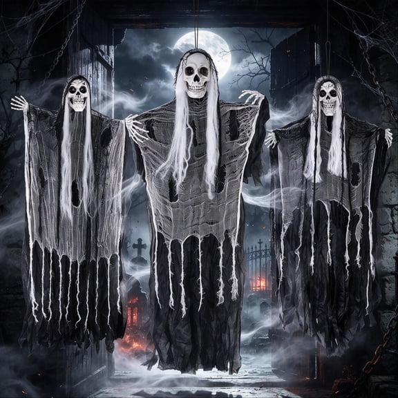 SINKOO 3 Pack Halloween Hanging Skeleton Ghosts Decorations, 47" Scary Flying Grim Reapers Skeleton, Skull Ghost Halloween Outdoor Decor for Yard Porch Party Haunted House Props